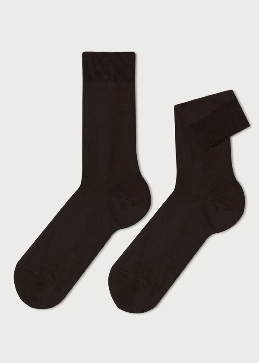 Calzedonia Men's Brown Cotton Crew Stretch Socks - 015