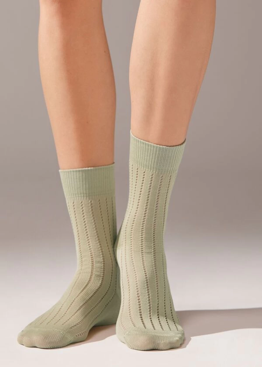 "Calzedonia Ribbed Openwork Short Socks in Costa Dusty Pistacchio 027D"
