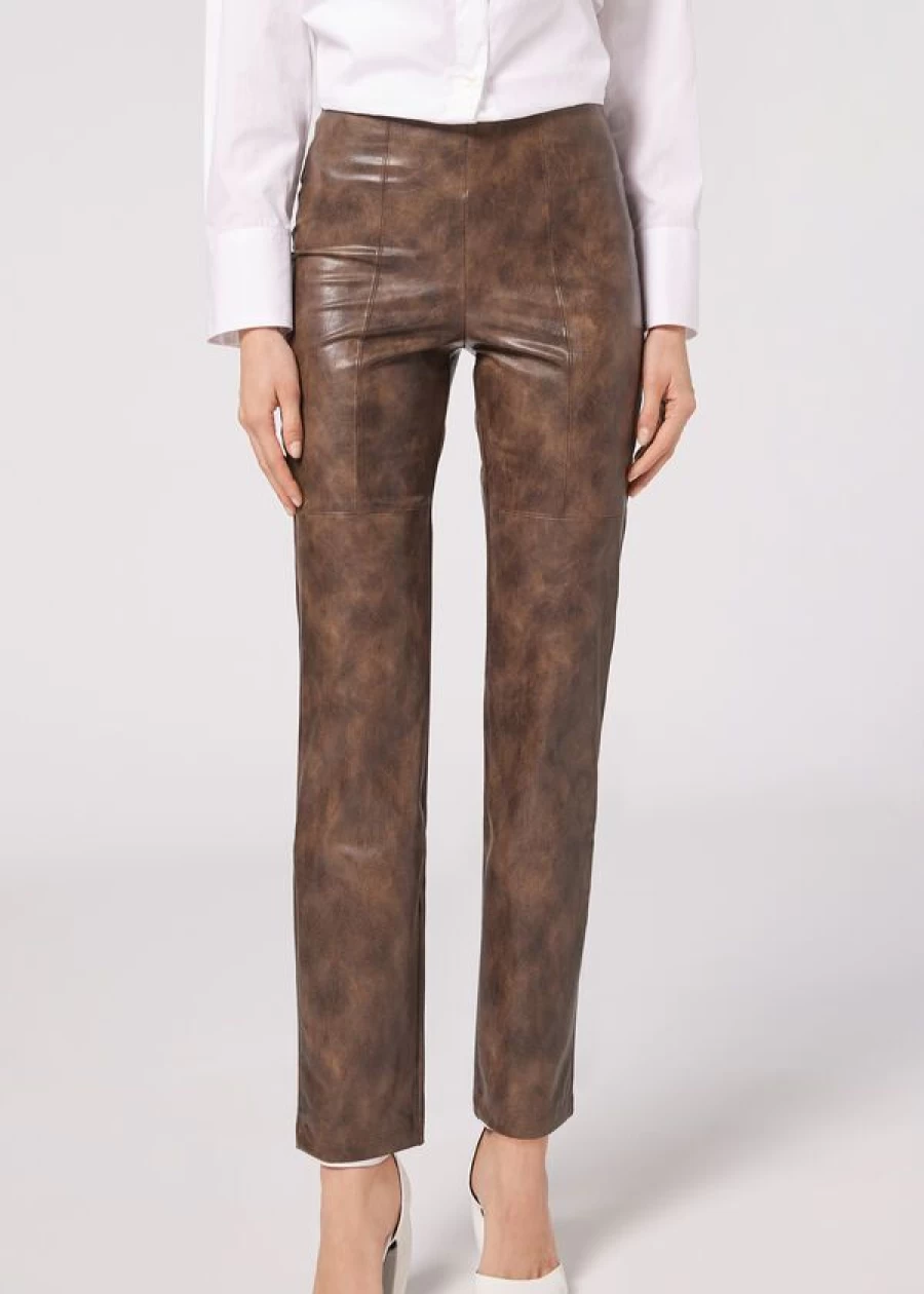 Calzedonia Vintage Thermal Leggings - 842C Marrone Vintage, Coated-Effect for Style & Warmth