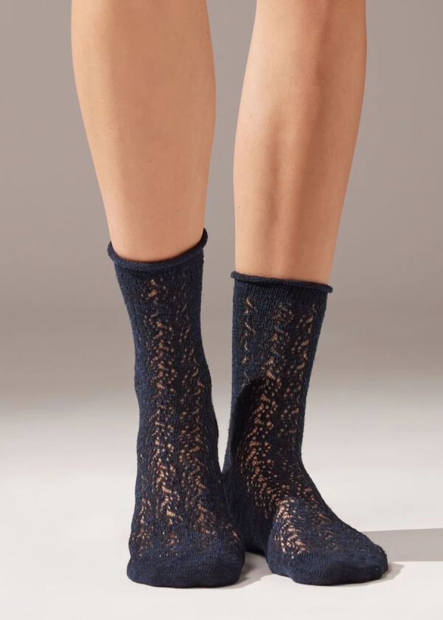 Calzedonia Openwork Linen Short Socks in Light Blue 073D - Breathable Summer Ankle Socks