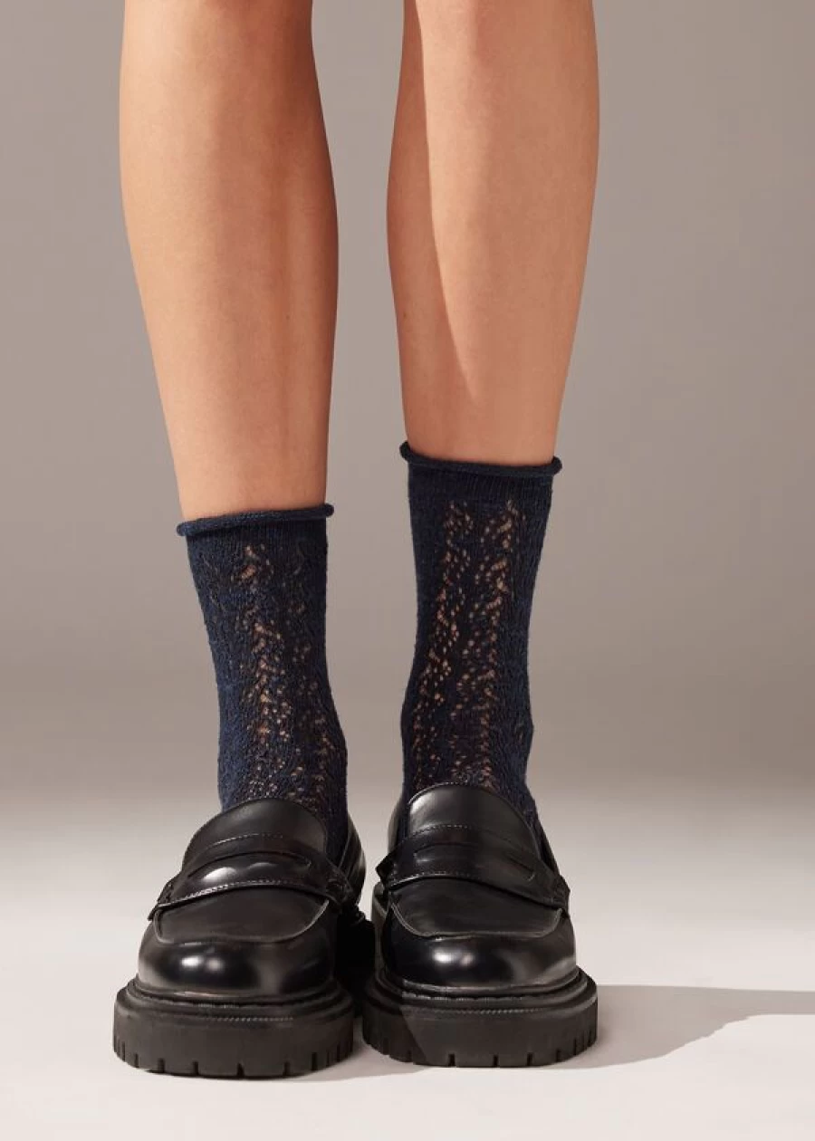 Calzedonia Openwork Linen Short Socks in Light Blue 073D - Breathable Summer Ankle Socks