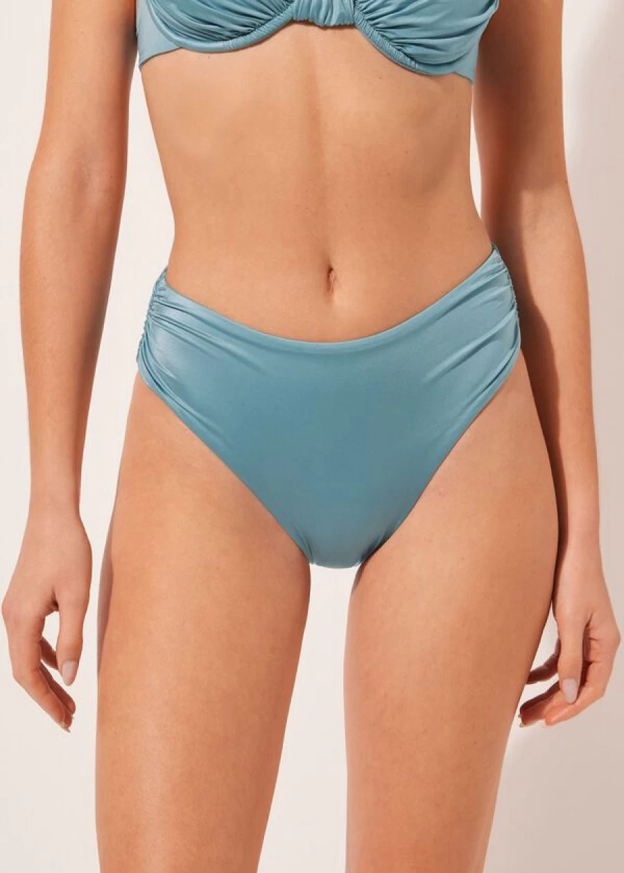 Calzedonia High-Waist Shiny Satin Bikini Bottoms in Wave Blue 871C - Elegant Swimwear