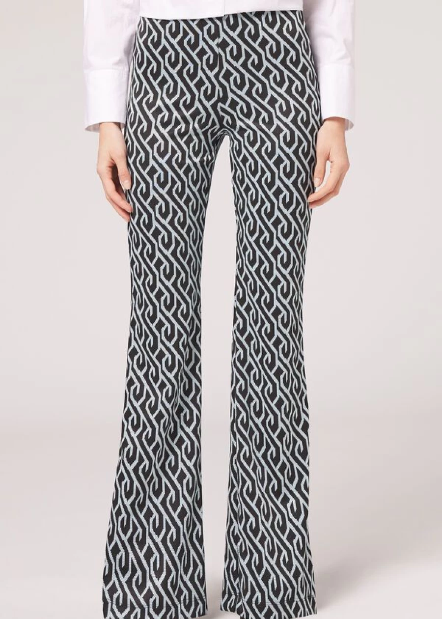 Calzedonia Geometric Flared Leggings in Black & Turquoise Glitter - Stylish Printed Yoga Pants for Women