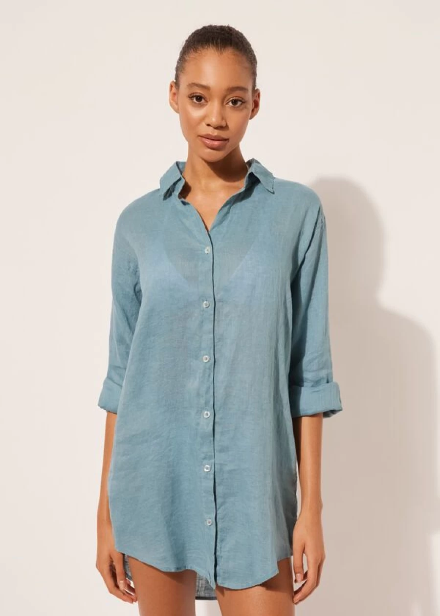 Calzedonia Linen Shirt Dress in Wave Blue - Lightweight Summer Casual Style