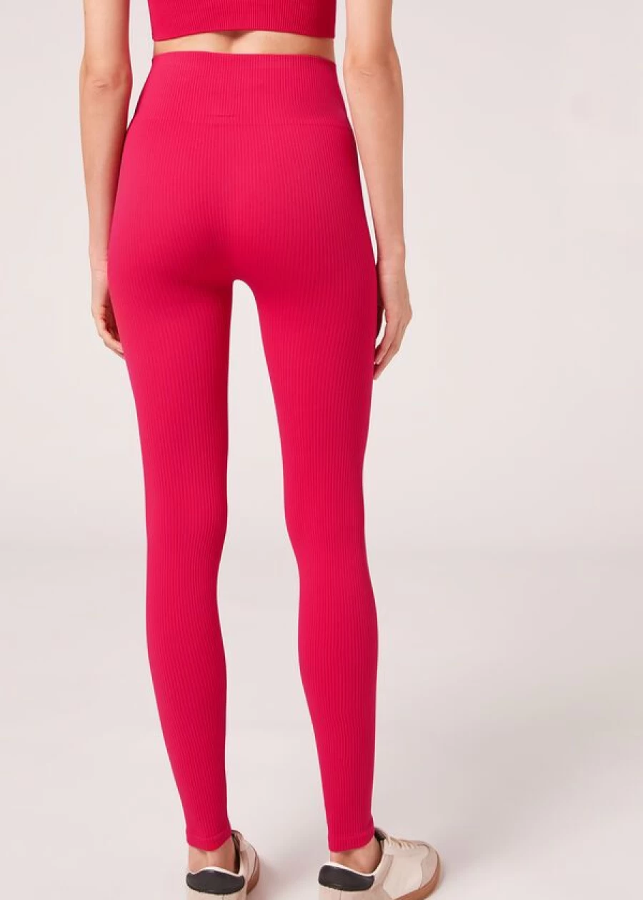 Calzedonia Seamless Fine Ribbed Sports Leggings in Rosso Fragola - High-Waisted Yoga Pants for Women