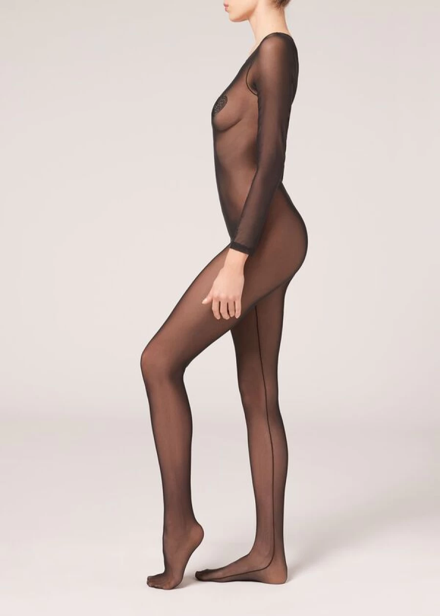 "Calzedonia Black Tulle Bodystocking with Diamante Heart Appliques - Elegant Lingerie"