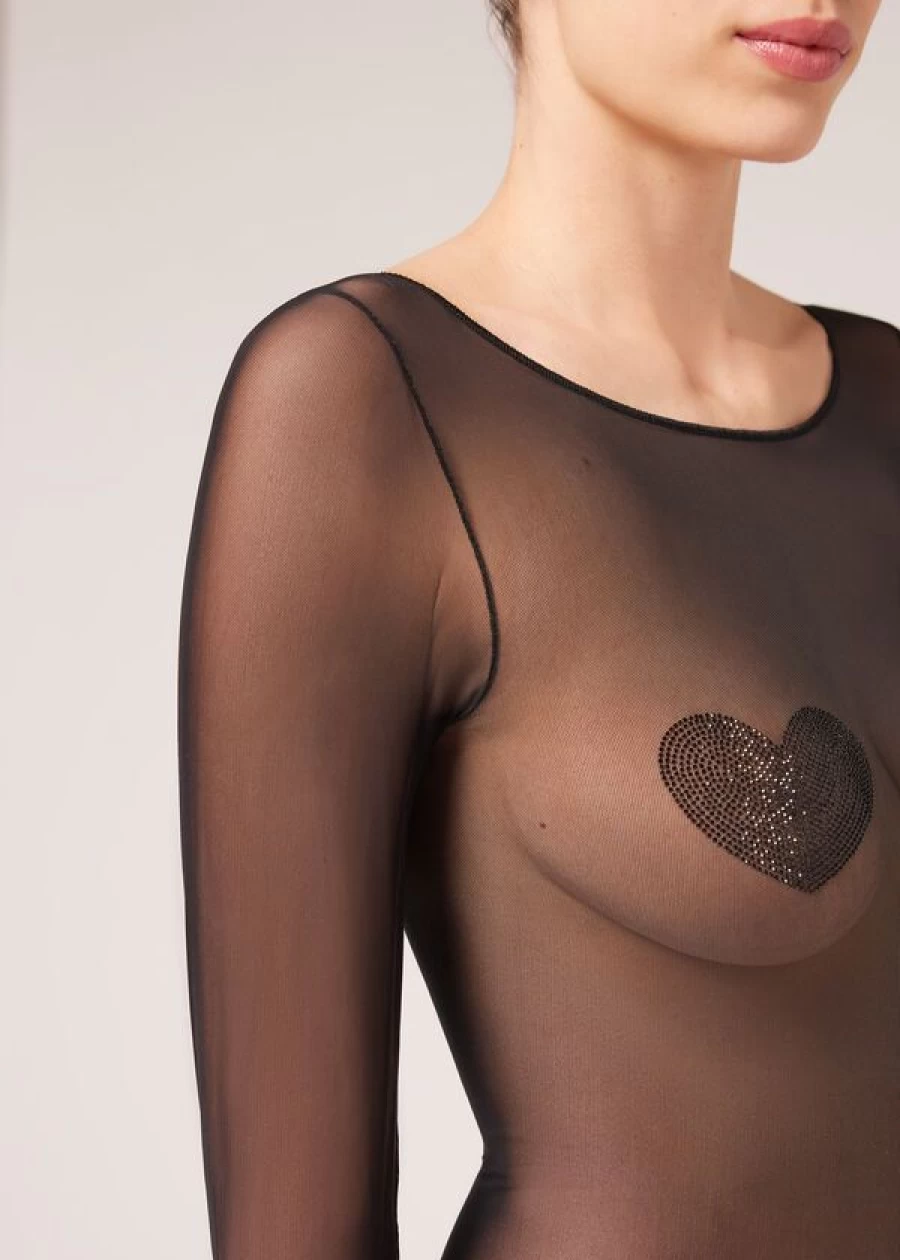 "Calzedonia Black Tulle Bodystocking with Diamante Heart Appliques - Elegant Lingerie"