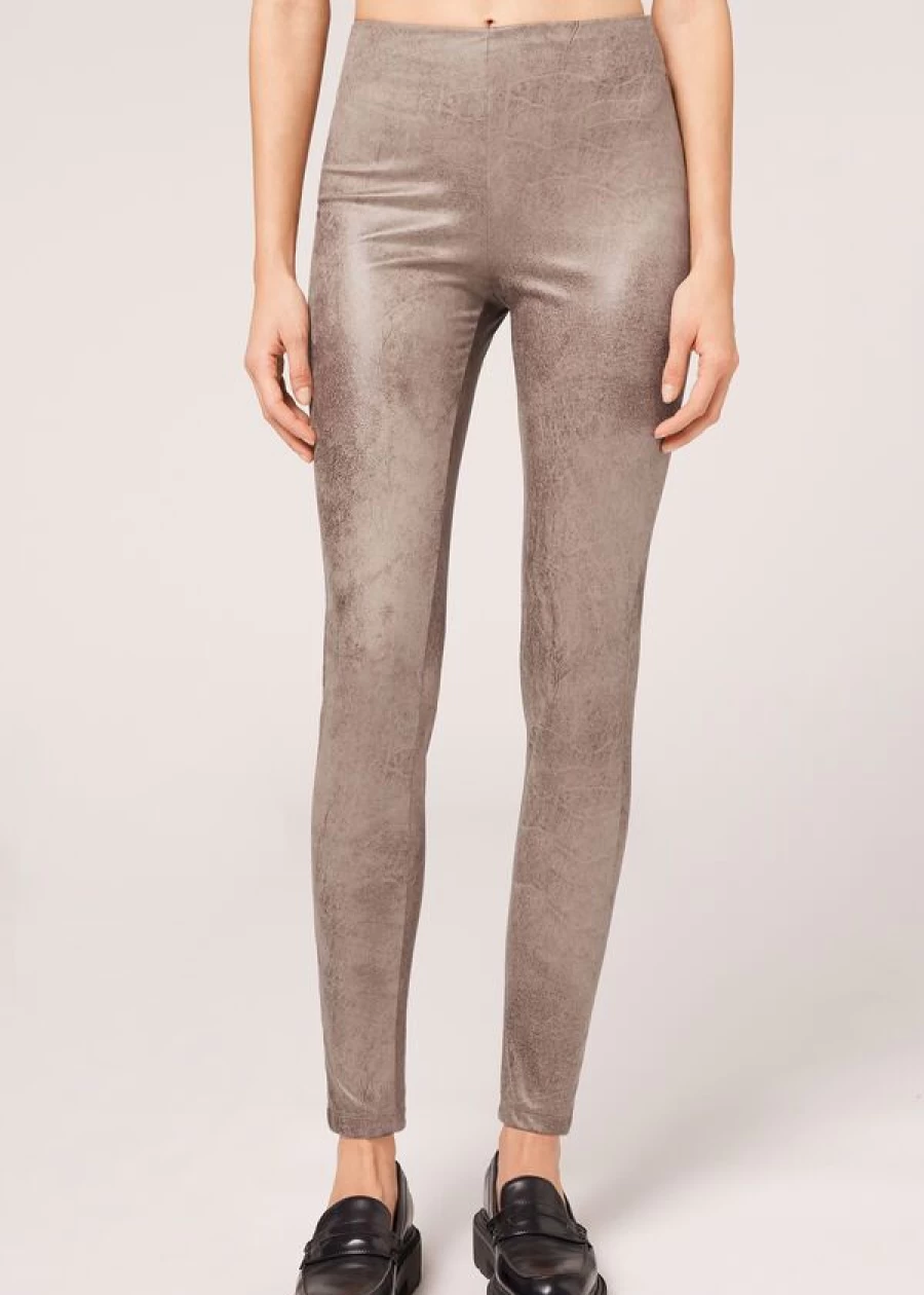 Calzedonia Vintage Tortora Suede Effect Leggings - 840C Retro Style Faux Leather Pants