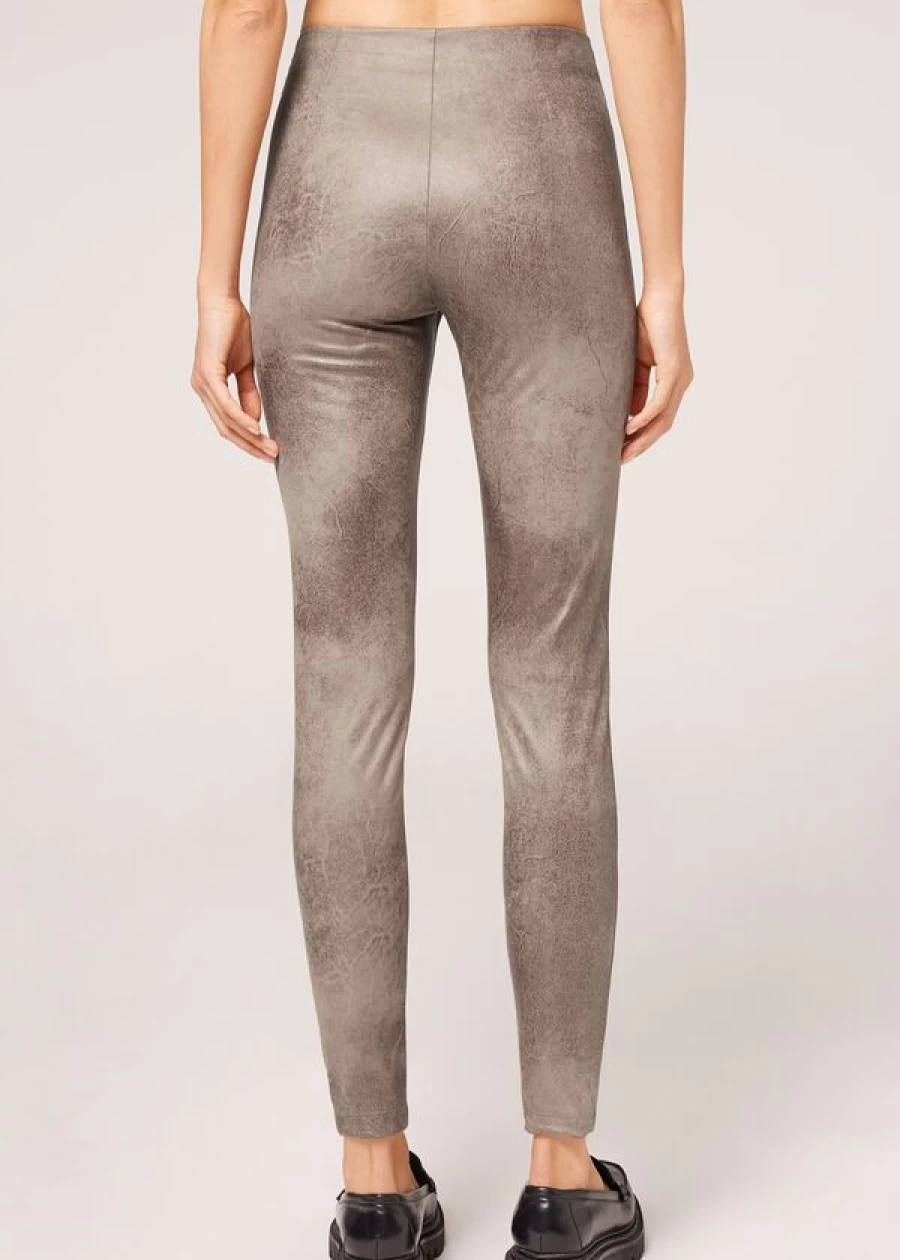 Calzedonia Vintage Tortora Suede Effect Leggings - 840C Retro Style Faux Leather Pants