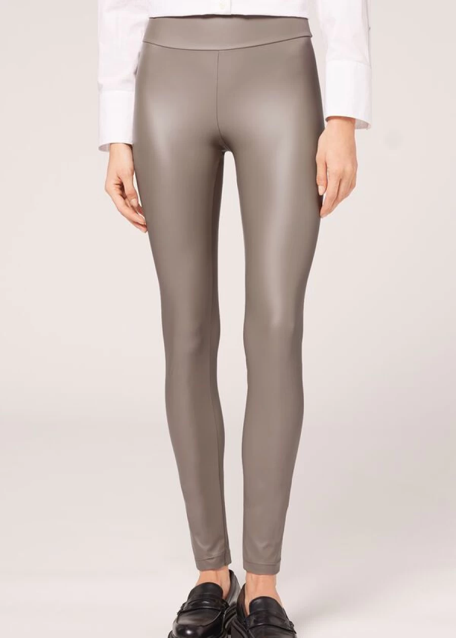 "Calzedonia Leather Effect Leggings in 857C Mud - Faux Leather Stylish Leggings"