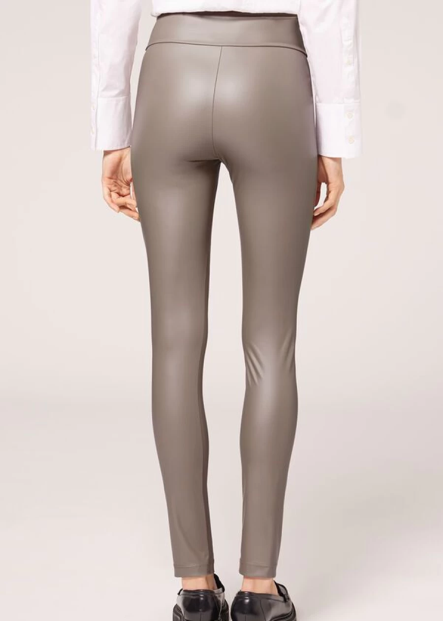 "Calzedonia Leather Effect Leggings in 857C Mud - Faux Leather Stylish Leggings"