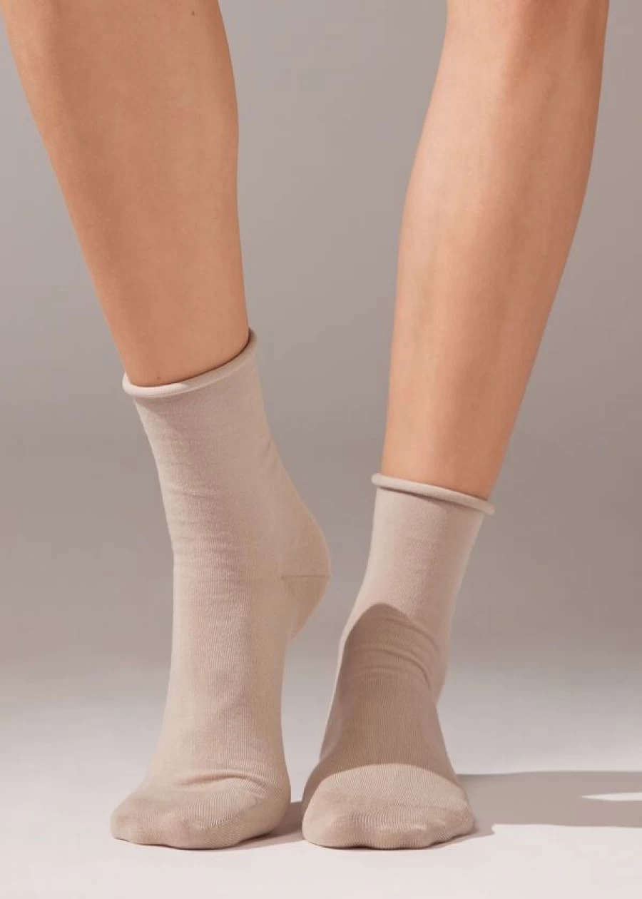 "Calzedonia Non-Elastic Cotton Ankle Socks in 154D - Naturale Tortora Color"