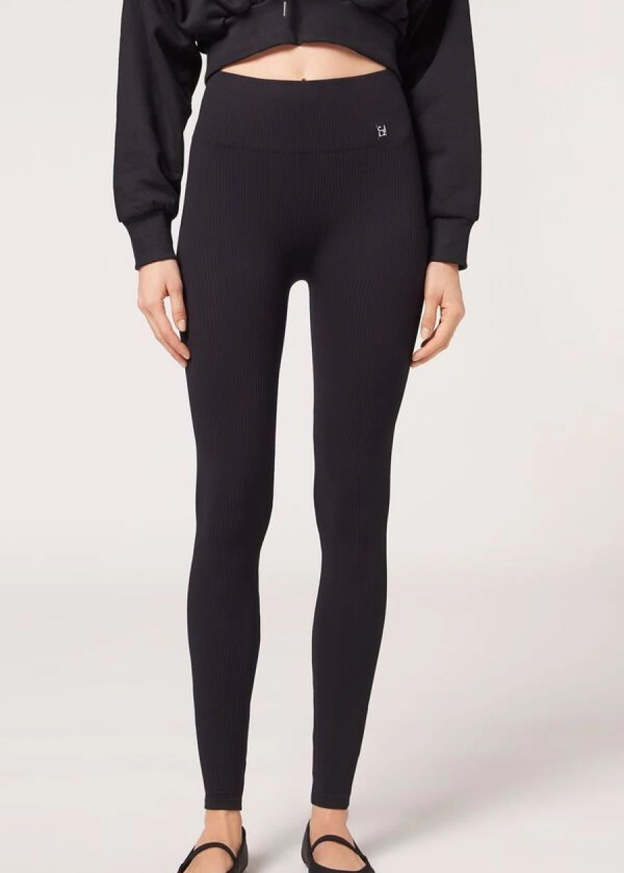 Calzedonia Seamless Fine Ribbed Leggings for Women - High Waist Workout Tights in 019 Black