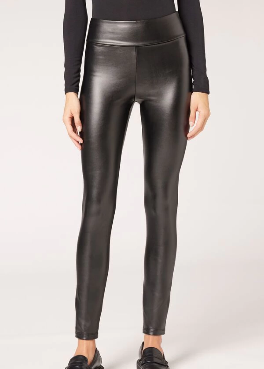 Calzedonia Thermal Leather Effect Leggings in 019 - Black | Faux Leather Winter Tights
