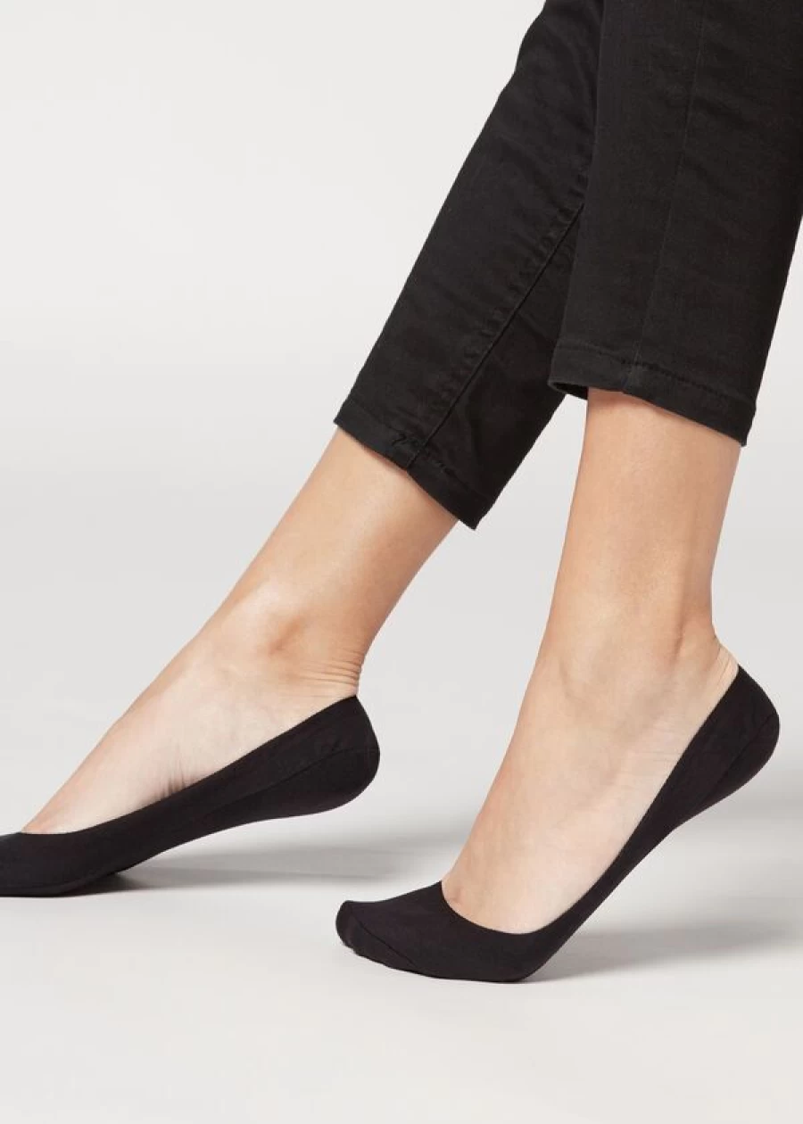 Calzedonia Women's Black Cotton Invisible Socks with Silicone Grip Edge - No Show Socks