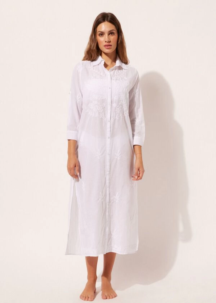 Calzedonia White Embroidered Long Dress with Buttons - Elegant Boho Style