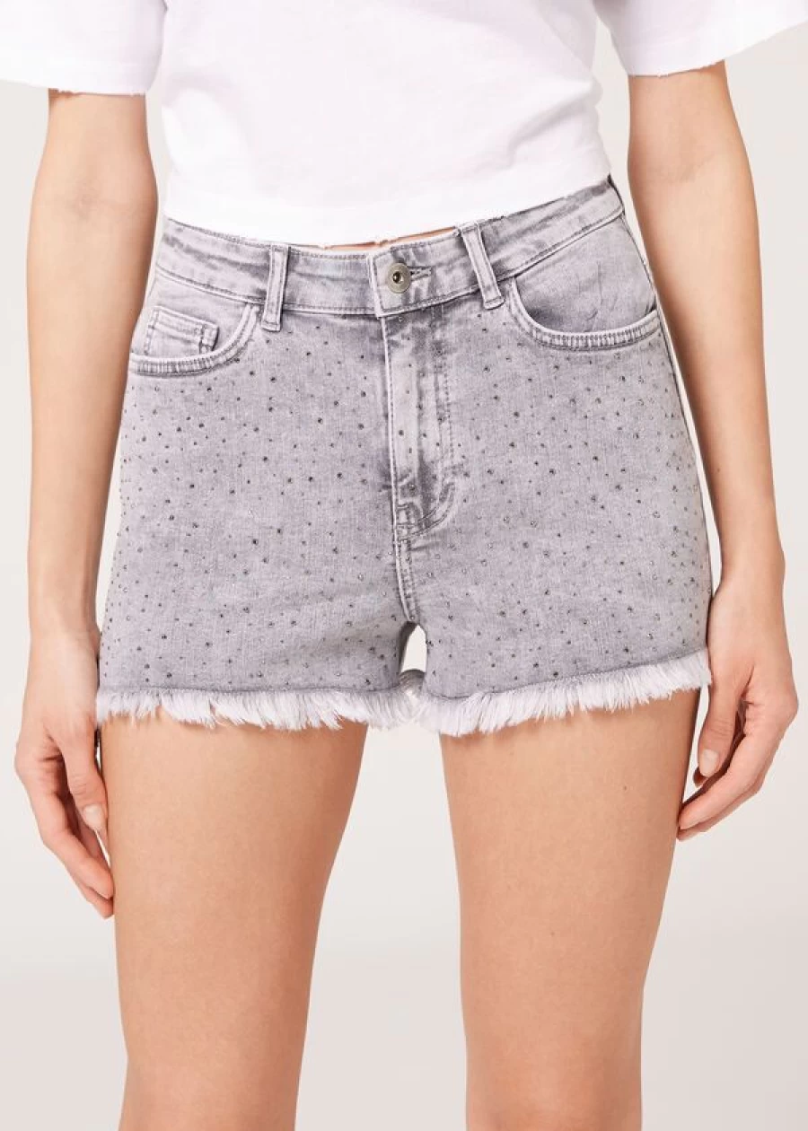 Calzedonia Denim Shorts with Diamante Applique in Light Grey Jeans