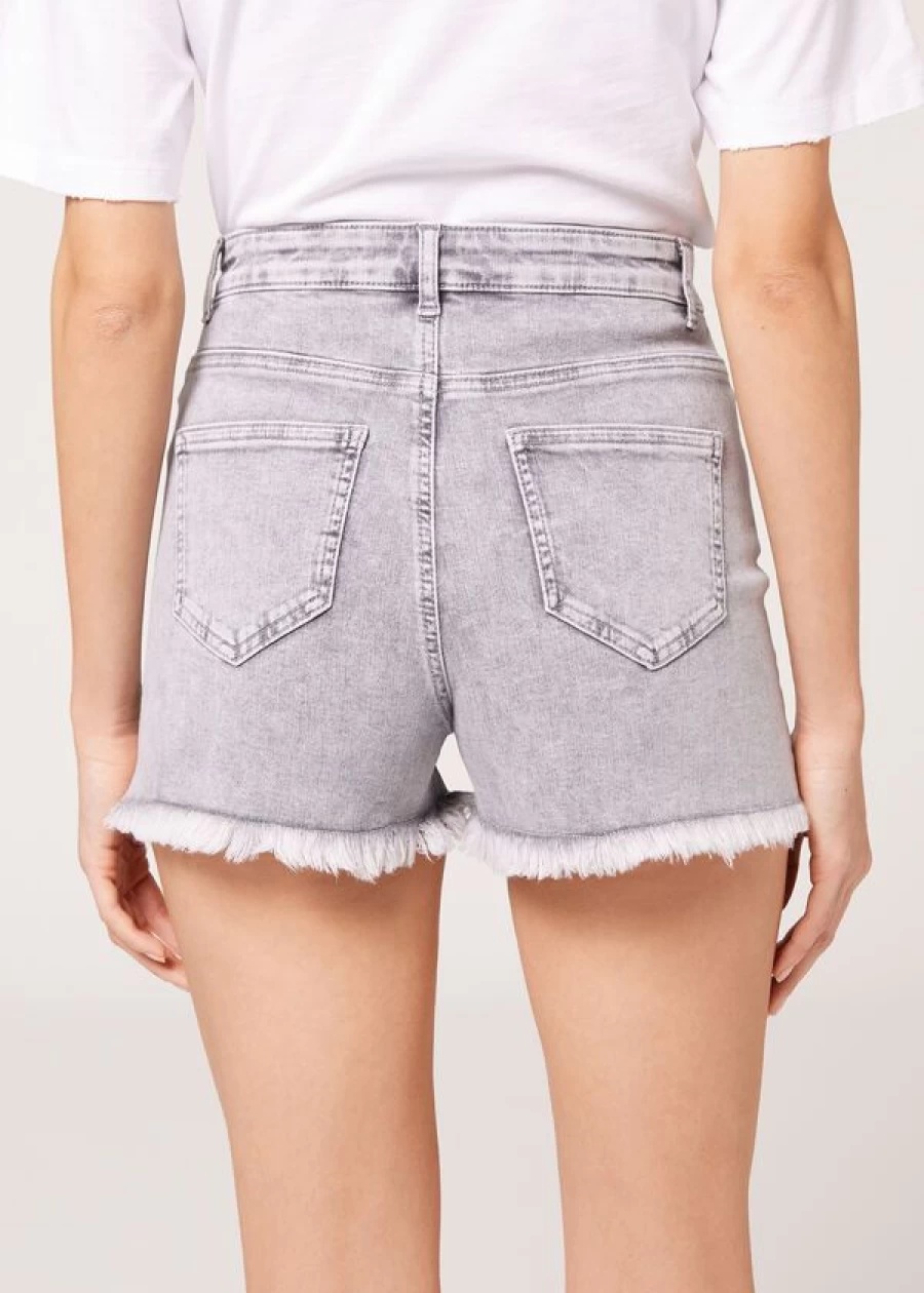 Calzedonia Denim Shorts with Diamante Applique in Light Grey Jeans
