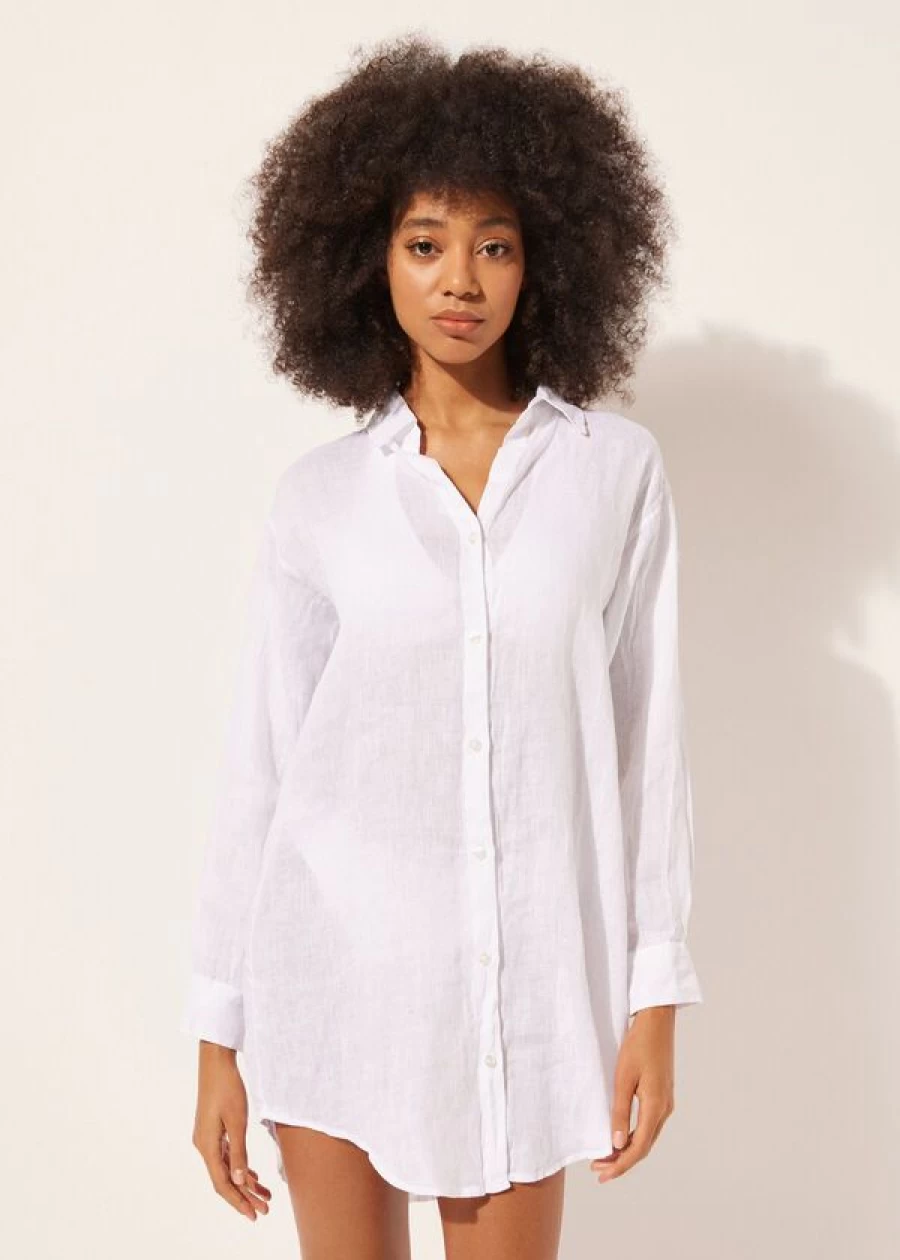 Calzedonia Linen Shirt Dress in 895C - White | Breathable Summer White Dress