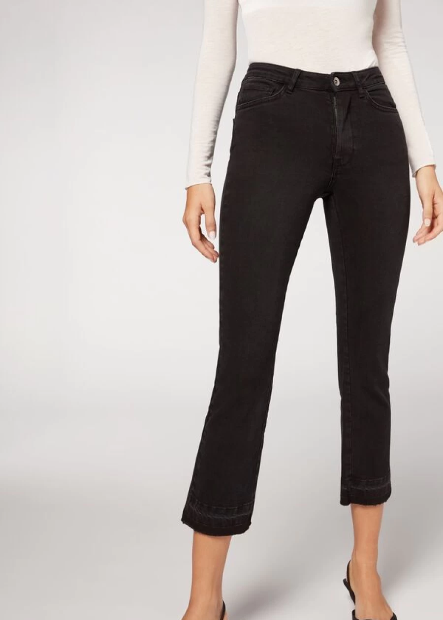 Calzedonia Women's Cropped Flare Jeans in 4791 Charcoal Grey - High Waisted Stretch Denim Pants