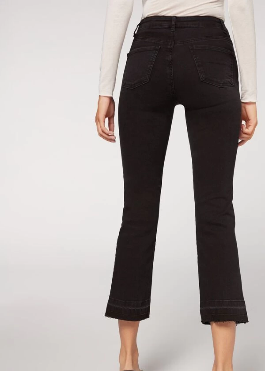 Calzedonia Women's Cropped Flare Jeans in 4791 Charcoal Grey - High Waisted Stretch Denim Pants