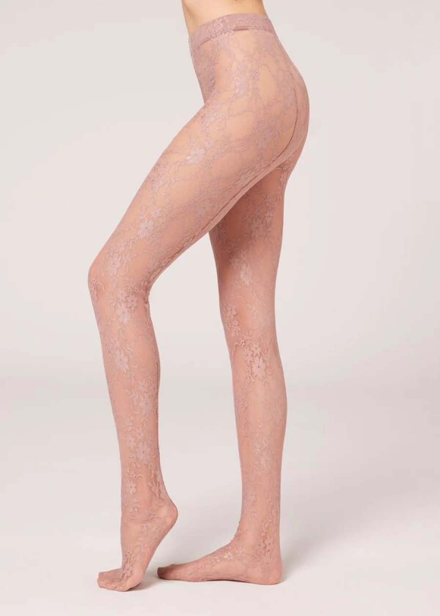 "Calzedonia Floral Lace Tights in 828C Pizzo Rosa Quarzo - Elegant Floral Pattern Tights for Women"