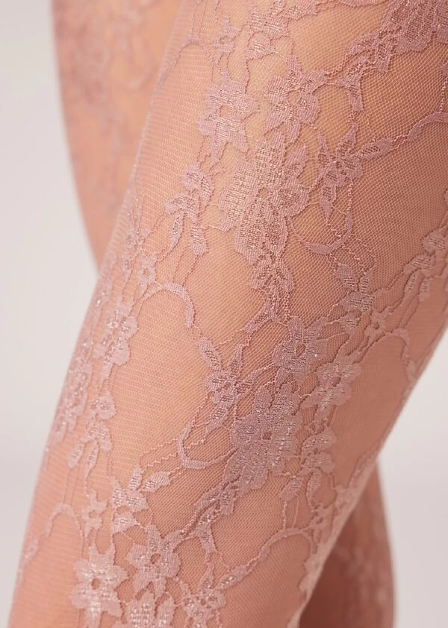 "Calzedonia Floral Lace Tights in 828C Pizzo Rosa Quarzo - Elegant Floral Pattern Tights for Women"