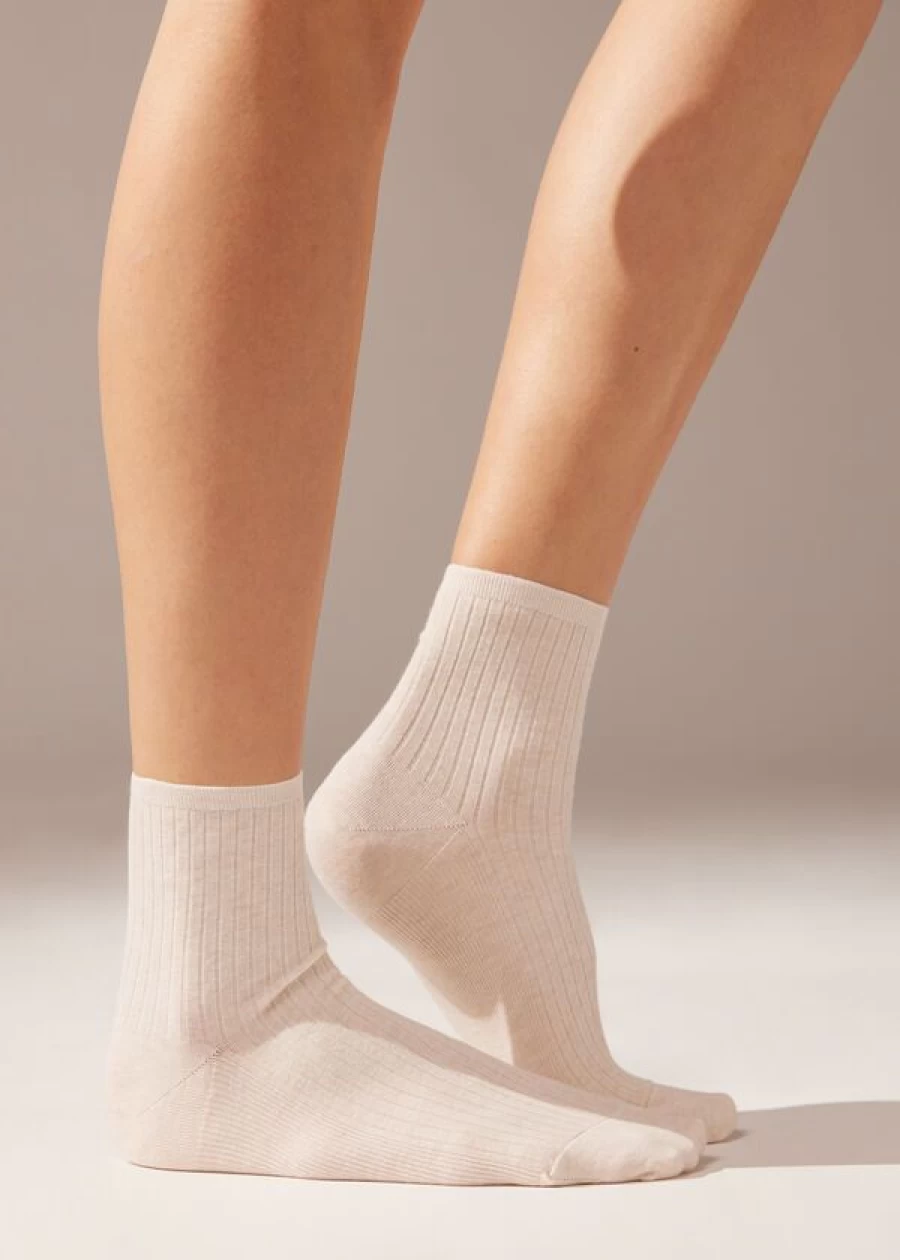 "Calzedonia Ribbed Short Socks in 155D - Naturale Vaniglia | Comfortable Cotton Ankle Socks"