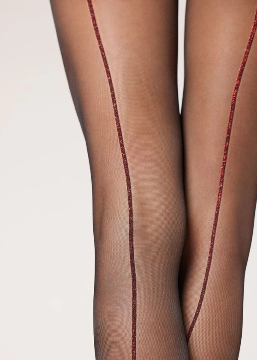 Calzedonia 30 Denier Sheer Tights with Glitter Back Seam - 5352 Black Red Glitter Stripes