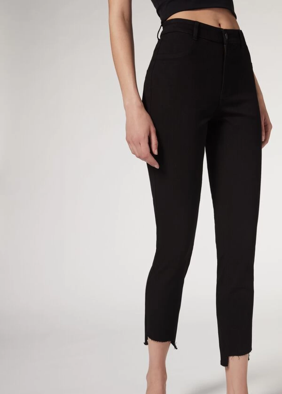 "Calzedonia Black Denim Cropped Jeans - High-Waist Slim Fit 3293"