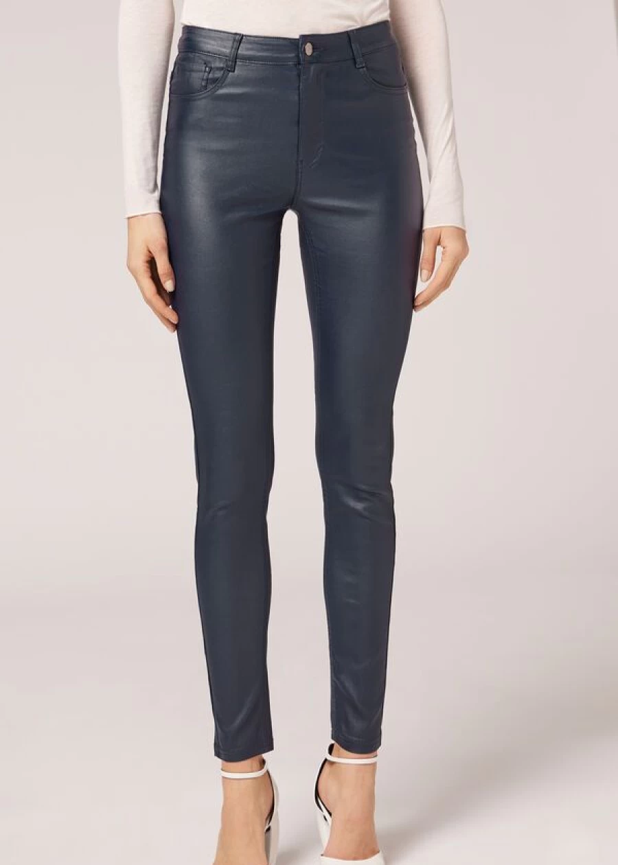 Calzedonia Leather Look Skinny Leggings in 859C - Blu Notte | Faux Leather Stretch Pants