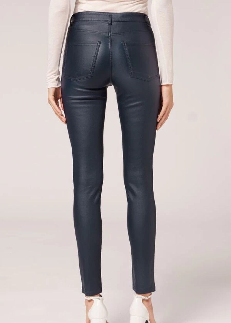 Calzedonia Leather Look Skinny Leggings in 859C - Blu Notte | Faux Leather Stretch Pants