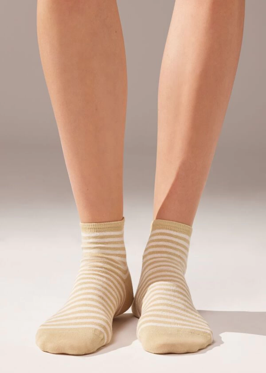 Calzedonia Striped Linen Short Socks in Dusty Pistacchio - Lightweight Summer Ankle Socks