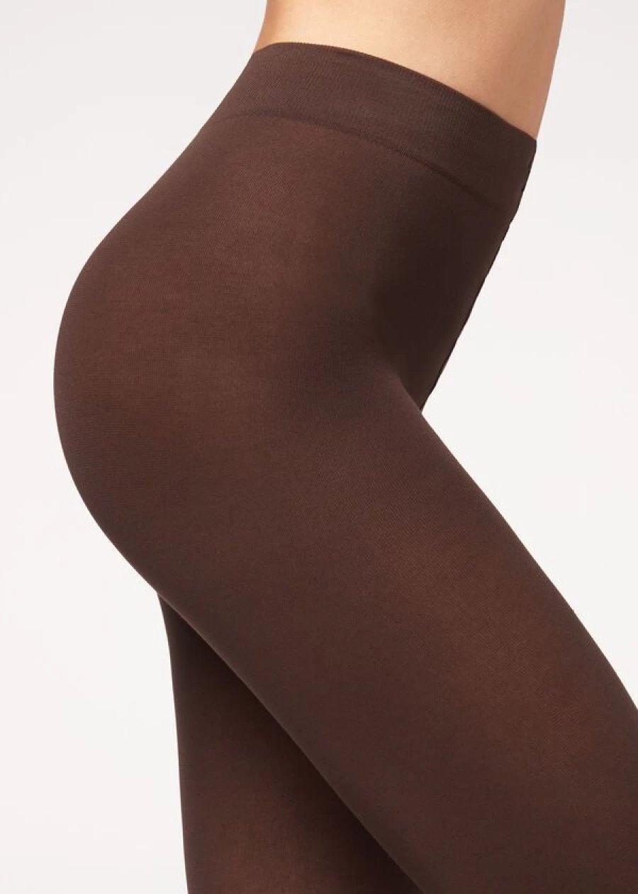 Calzedonia 100 Denier Opaque Tights in Dark Brown - Cotton & Microfiber Blend