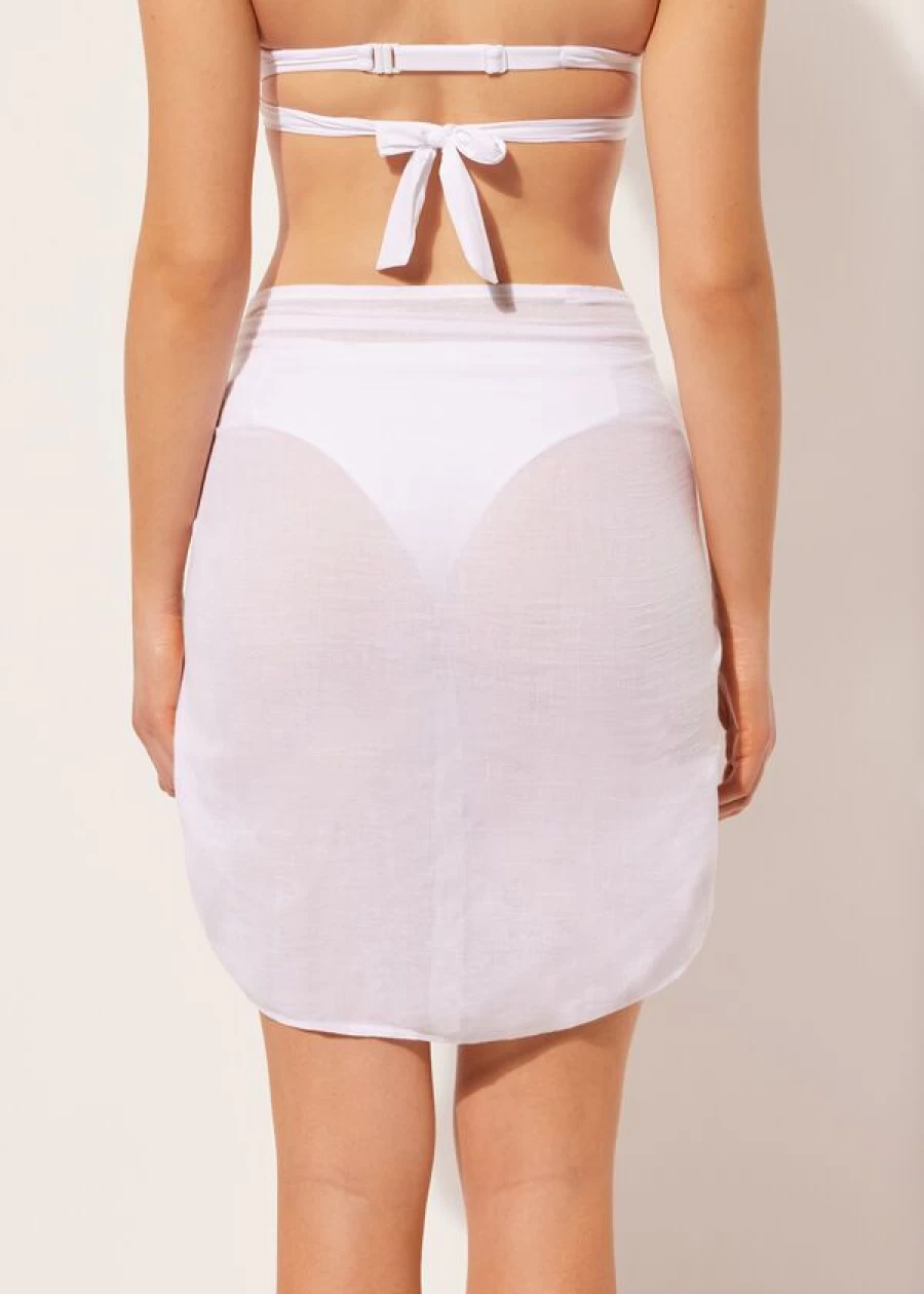 Calzedonia White Cotton Short Sarong - Lightweight Beach Wrap Skirt