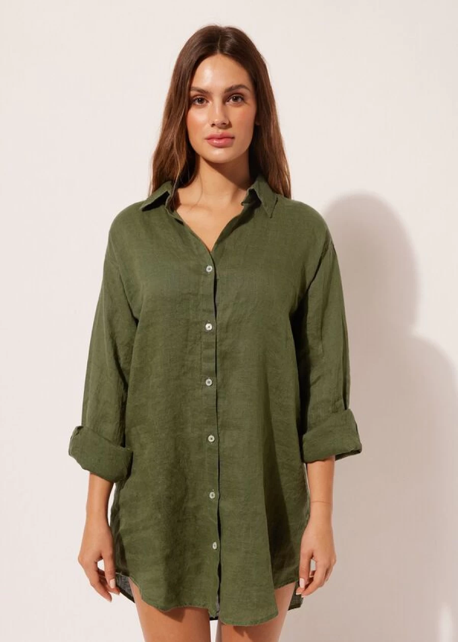 Calzedonia Linen Shirt Dress in Green Army - 898C | Casual Summer Wear