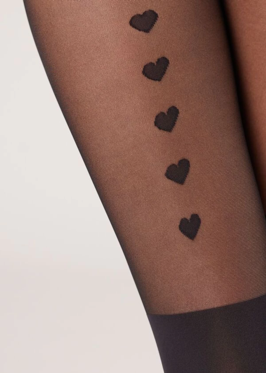 Calzedonia Heart Stripe Longuette-Effect Tights in Black 5231