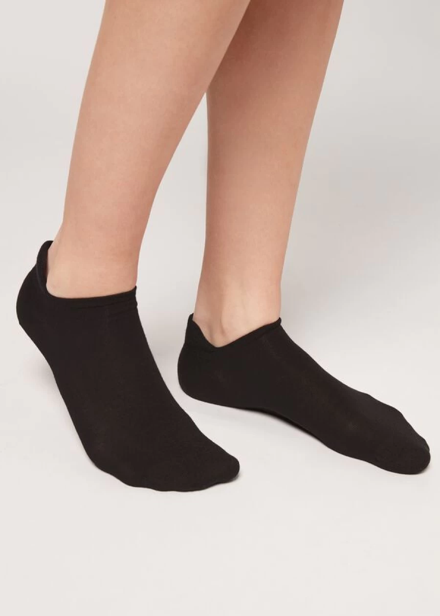 Calzedonia Unisex Black Cotton No-Show Socks 019 - Invisible Low-Cut Comfortable Footwear