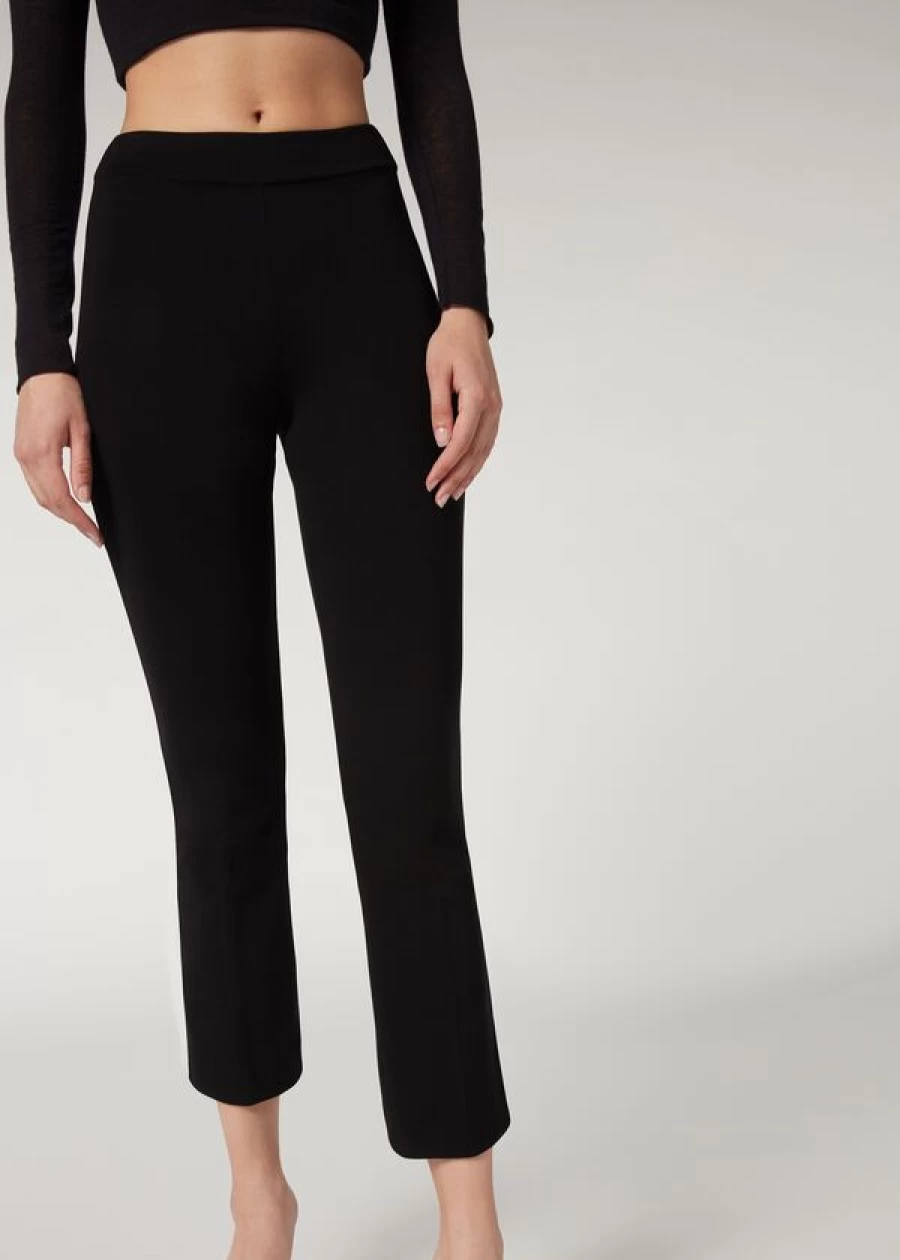 Calzedonia Black Cropped Flared Leggings - High Waist Yoga Pants for Women