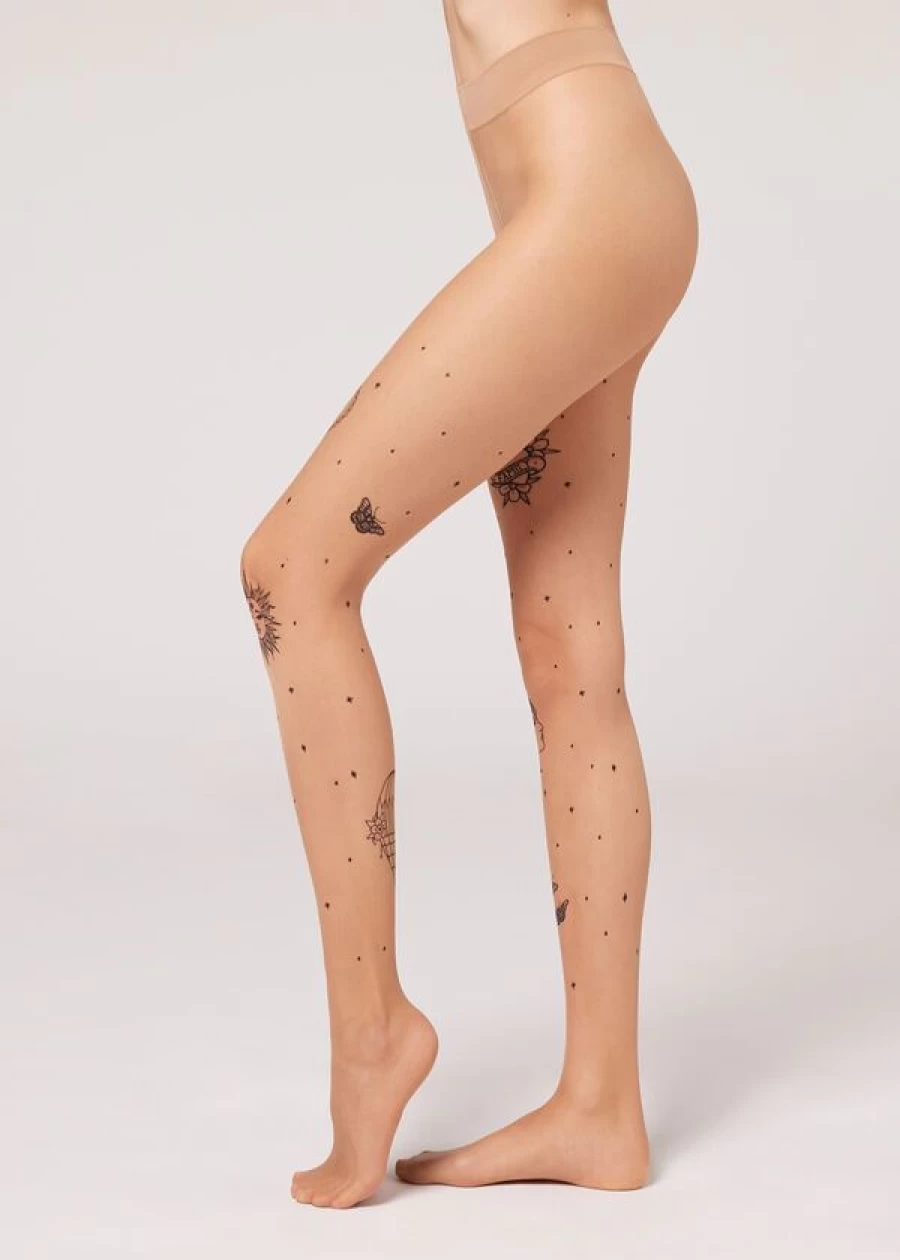Calzedonia Old School Tattoo Print 20 Denier Sheer Tights in 009 Nude 6 Elixir Caramel