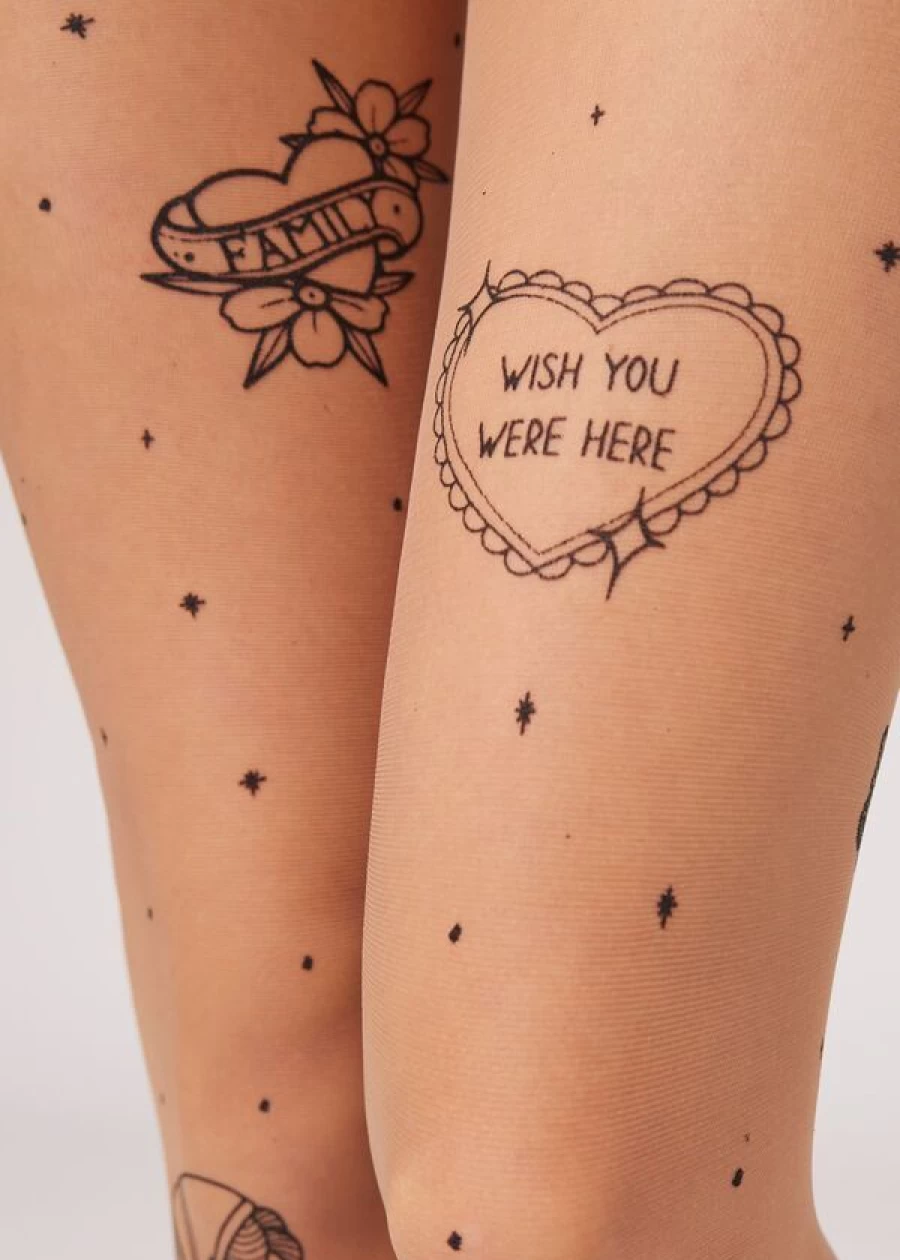 Calzedonia Old School Tattoo Print 20 Denier Sheer Tights in 009 Nude 6 Elixir Caramel