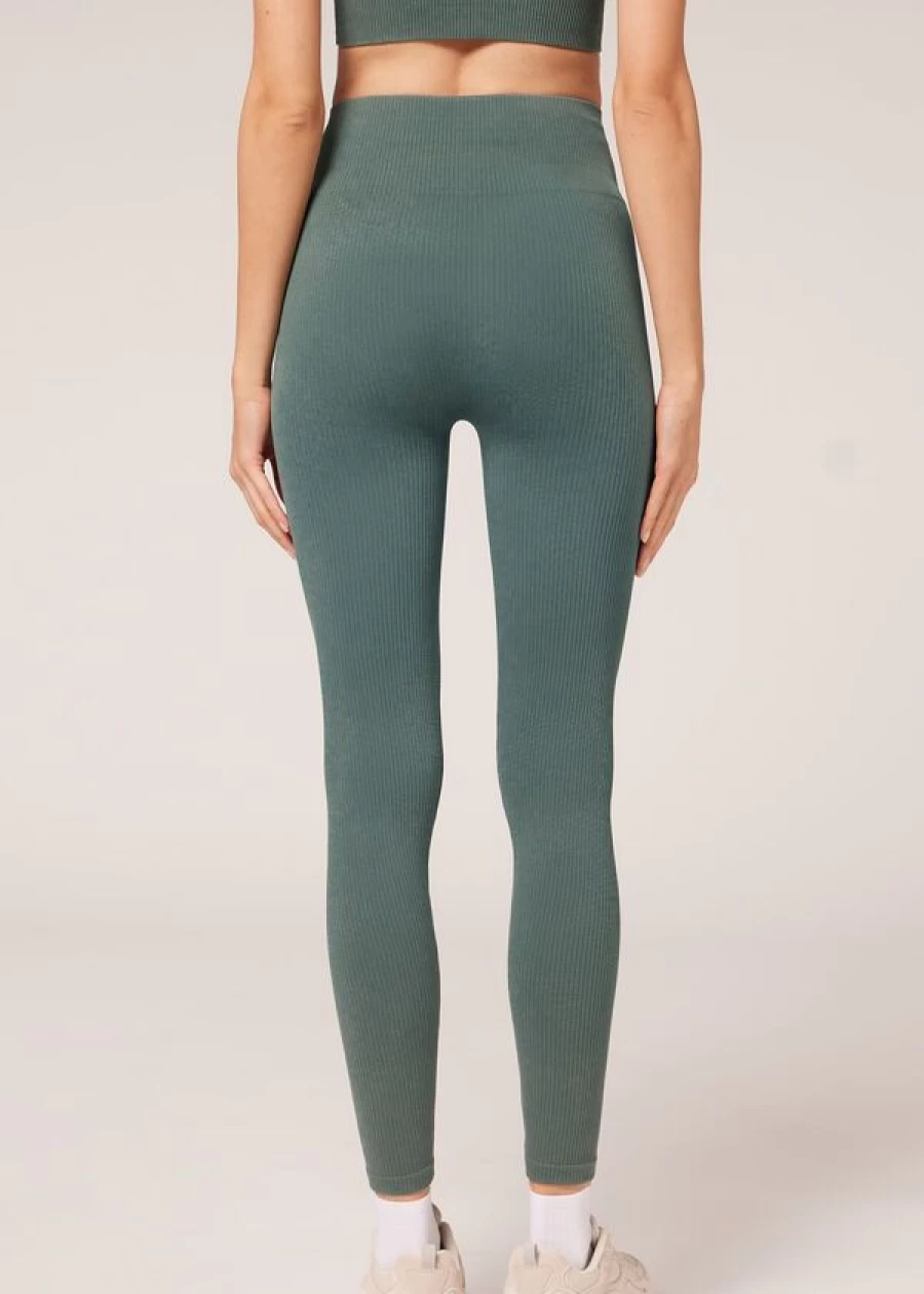 Calzedonia Seamless Fine Ribbed Sports Leggings in Verde Quarzo - High-Waisted Yoga Pants for Women