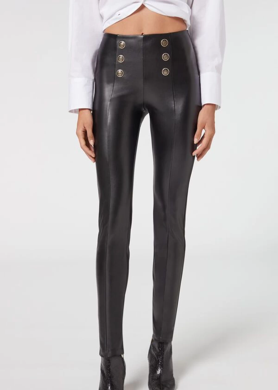 Calzedonia Skinny Sailor Black Coated-Effect Leggings with Button Details