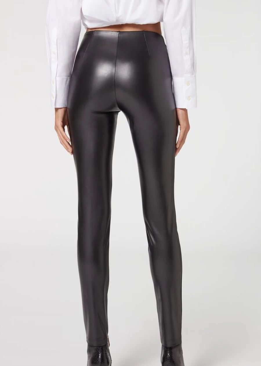 Calzedonia Skinny Sailor Black Coated-Effect Leggings with Button Details